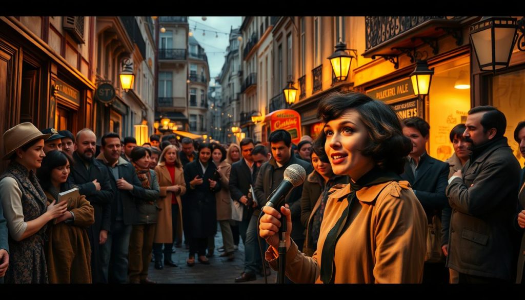 A vibrant street scene depicting a young Édith Piaf performing in a bustling Parisian alley during the early 1930s. In the foreground, she stands confidently with a vintage microphone, dressed in modest yet stylish attire, capturing the attention of an enthusiastic crowd. The middle ground features diverse onlookers, including artists and musicians, captivated by her voice, creating an atmosphere of inspiration and discovery. In the background, charming Parisian buildings with intricate architecture and warm, ambient streetlights illuminate the scene, evoking a nostalgic and artistic vibe. The lighting is soft and golden, reminiscent of dusk, casting gentle shadows and enhancing the emotional depth of the moment. The overall mood is lively, hopeful, and brimming with the spirit of artistic beginnings. A vibrant street scene depicting a young Édith Piaf performing in a bustling Parisian alley during the early 1930s. In the foreground, she stands confidently with a vintage microphone, dressed in modest yet stylish attire, capturing the attention of an enthusiastic crowd. The middle ground features diverse onlookers, including artists and musicians, captivated by her voice, creating an atmosphere of inspiration and discovery. In the background, charming Parisian buildings with intricate architecture and warm, ambient streetlights illuminate the scene, evoking a nostalgic and artistic vibe. The lighting is soft and golden, reminiscent of dusk, casting gentle shadows and enhancing the emotional depth of the moment. The overall mood is lively, hopeful, and brimming with the spirit of artistic beginnings.