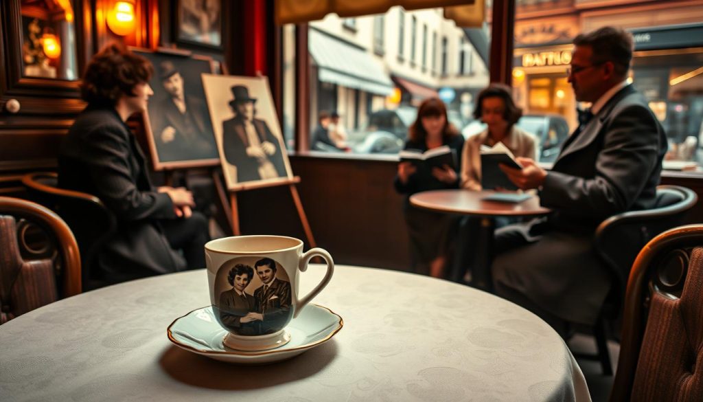 A warm, nostalgic scene in a vintage Parisian café capturing the essence of Édith Piaf's artistic family roots. In the foreground, a small round table with an elegant tablecloth, featuring a classic French coffee cup and a vintage photograph of Édith Piaf’s parents, showcasing them in modest casual clothing. The middle ground reveals a lively group of artists: a painter, a musician, and a poet, engaged in animated conversation, all dressed in 1940s Parisian attire, exuding charm and creativity. The background is softly lit, with atmospheric café lighting and a hint of a bustling Paris street outside, creating an intimate and inviting mood. Use natural lighting with a warm hue, taken from a slightly elevated angle to frame the café setting beautifully. A warm, nostalgic scene in a vintage Parisian café capturing the essence of Édith Piaf's artistic family roots. In the foreground, a small round table with an elegant tablecloth, featuring a classic French coffee cup and a vintage photograph of Édith Piaf’s parents, showcasing them in modest casual clothing. The middle ground reveals a lively group of artists: a painter, a musician, and a poet, engaged in animated conversation, all dressed in 1940s Parisian attire, exuding charm and creativity. The background is softly lit, with atmospheric café lighting and a hint of a bustling Paris street outside, creating an intimate and inviting mood. Use natural lighting with a warm hue, taken from a slightly elevated angle to frame the café setting beautifully.