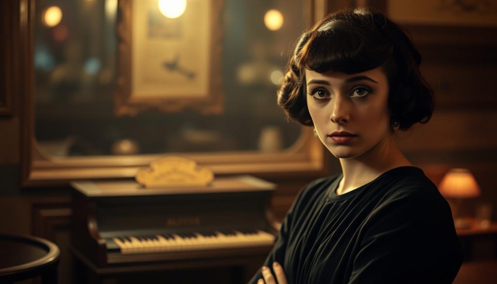 A young Édith Piaf, full of determination and emotion, stands in a dimly lit café, her expression reflecting both vulnerability and strength. In the foreground, she wears a modest yet elegant black dress, embodying the essence of early 20th-century Parisian fashion, with subtle makeup highlighting her features. In the middle ground, a small, vintage piano captures the essence of her musical beginnings, surrounded by shadows that evoke a sense of longing and personal struggle. In the background, soft, muted colors suggest the warm glow of café lights, creating an intimate atmosphere. The lighting is softly diffused, enhancing her poignant gaze. The composition should evoke a feeling of nostalgia and resilience, showcasing the trials that shaped her rise to fame, with a slightly blurred focus to emphasize the emotional weight of her story. A young Édith Piaf, full of determination and emotion, stands in a dimly lit café, her expression reflecting both vulnerability and strength. In the foreground, she wears a modest yet elegant black dress, embodying the essence of early 20th-century Parisian fashion, with subtle makeup highlighting her features. In the middle ground, a small, vintage piano captures the essence of her musical beginnings, surrounded by shadows that evoke a sense of longing and personal struggle. In the background, soft, muted colors suggest the warm glow of café lights, creating an intimate atmosphere. The lighting is softly diffused, enhancing her poignant gaze. The composition should evoke a feeling of nostalgia and resilience, showcasing the trials that shaped her rise to fame, with a slightly blurred focus to emphasize the emotional weight of her story.