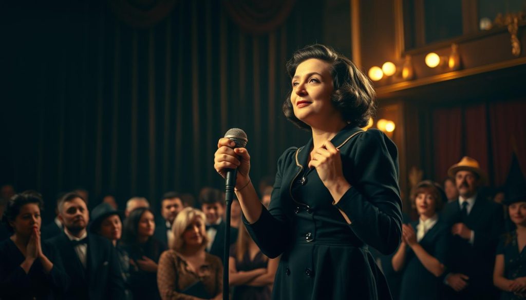 A young Édith Piaf stands on stage in an intimate music-hall setting, her expressive face radiating passion and ambition as she captures the audience's attention with her heartfelt performance. She wears a chic, modest black dress reminiscent of the 1940s, adorned with subtle embellishments. In the foreground, she holds a vintage microphone, her hands elegantly positioned, emphasizing her emotional connection to the song. The middle ground features captivated spectators, dressed in period-appropriate attire, evoking a vibrant atmosphere of excitement and hope. The background showcases dimly lit velvet curtains and warm stage lights, casting a nostalgic glow. The image conveys a sense of artistic awakening and youthful determination, with a slightly grainy texture to enhance the vintage feel. A young Édith Piaf stands on stage in an intimate music-hall setting, her expressive face radiating passion and ambition as she captures the audience's attention with her heartfelt performance. She wears a chic, modest black dress reminiscent of the 1940s, adorned with subtle embellishments. In the foreground, she holds a vintage microphone, her hands elegantly positioned, emphasizing her emotional connection to the song. The middle ground features captivated spectators, dressed in period-appropriate attire, evoking a vibrant atmosphere of excitement and hope. The background showcases dimly lit velvet curtains and warm stage lights, casting a nostalgic glow. The image conveys a sense of artistic awakening and youthful determination, with a slightly grainy texture to enhance the vintage feel.