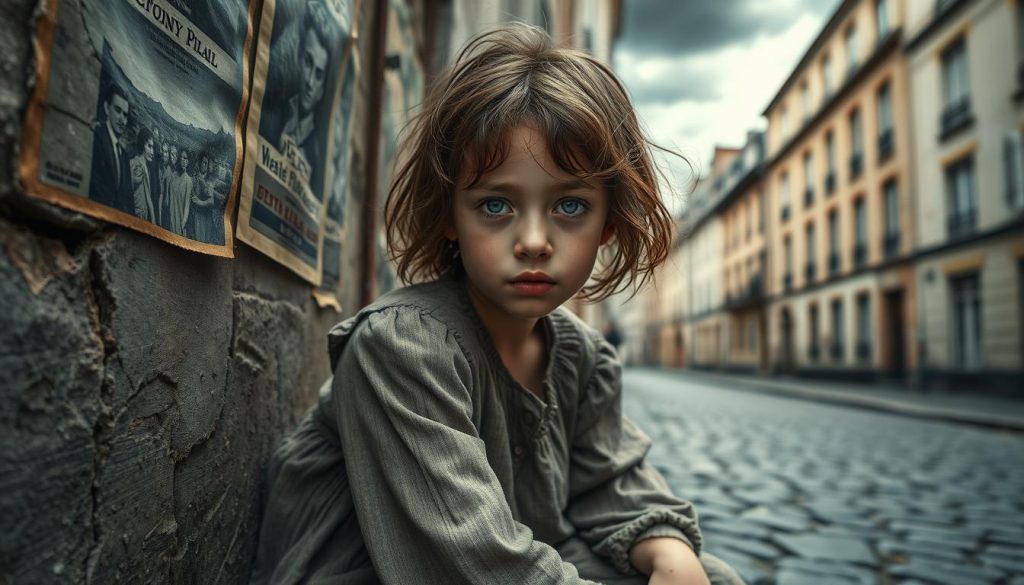 A young girl with a somber expression, embodying Édith Piaf in her difficult childhood, sits on the cobblestone streets of Paris. She wears a modest, worn-out dress, her hair is unkempt, and her eyes reflect a mix of resilience and sorrow. In the foreground, a cracked wall adorned with faded posters gives a glimpse into the harsh realities she faced. The middle ground showcases a narrow alley, lined with old tenement buildings, hinting at her humble beginnings. The background includes dark, ominous clouds, casting a muted, overcast light that enhances the melancholic atmosphere. The image captures a close-up perspective as if shot with a 50mm lens, evoking a sense of intimacy and historical depth. A young girl with a somber expression, embodying Édith Piaf in her difficult childhood, sits on the cobblestone streets of Paris. She wears a modest, worn-out dress, her hair is unkempt, and her eyes reflect a mix of resilience and sorrow. In the foreground, a cracked wall adorned with faded posters gives a glimpse into the harsh realities she faced. The middle ground showcases a narrow alley, lined with old tenement buildings, hinting at her humble beginnings. The background includes dark, ominous clouds, casting a muted, overcast light that enhances the melancholic atmosphere. The image captures a close-up perspective as if shot with a 50mm lens, evoking a sense of intimacy and historical depth.