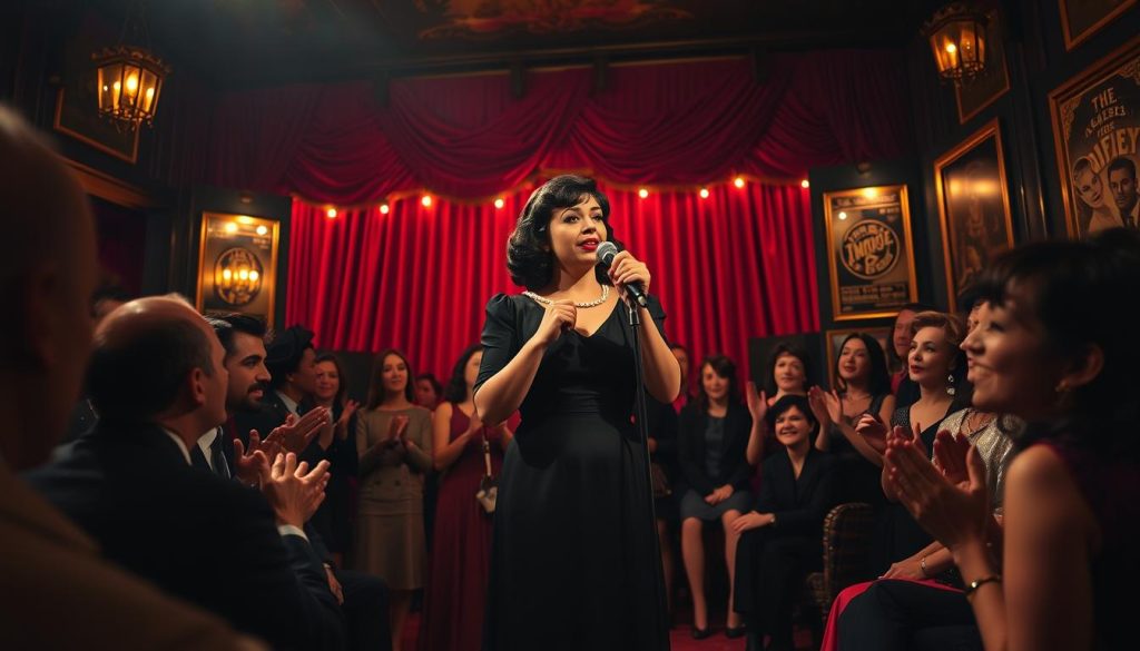 An atmospheric Parisian cabaret scene in the 1940s, featuring Édith Piaf at the center, clad in an elegant vintage black dress with a subtle shine, passionately singing into a retro microphone. In the foreground, an enthusiastic audience is captivated by her performance, with a diverse group of men and women dressed in stylish 1940s attire, clapping and swaying to the music. The middle ground displays a dimly lit stage adorned with soft, vintage lights, casting a warm golden glow. In the background, the cabaret's ornate decor includes velvet curtains and vintage theatrical posters. The overall mood is vibrant and nostalgic, filled with the energy of post-war Paris, emphasizing a sense of hope and resilience. The angle captures an intimate perspective, drawing the viewer into the essence of the moment. An atmospheric Parisian cabaret scene in the 1940s, featuring Édith Piaf at the center, clad in an elegant vintage black dress with a subtle shine, passionately singing into a retro microphone. In the foreground, an enthusiastic audience is captivated by her performance, with a diverse group of men and women dressed in stylish 1940s attire, clapping and swaying to the music. The middle ground displays a dimly lit stage adorned with soft, vintage lights, casting a warm golden glow. In the background, the cabaret's ornate decor includes velvet curtains and vintage theatrical posters. The overall mood is vibrant and nostalgic, filled with the energy of post-war Paris, emphasizing a sense of hope and resilience. The angle captures an intimate perspective, drawing the viewer into the essence of the moment.