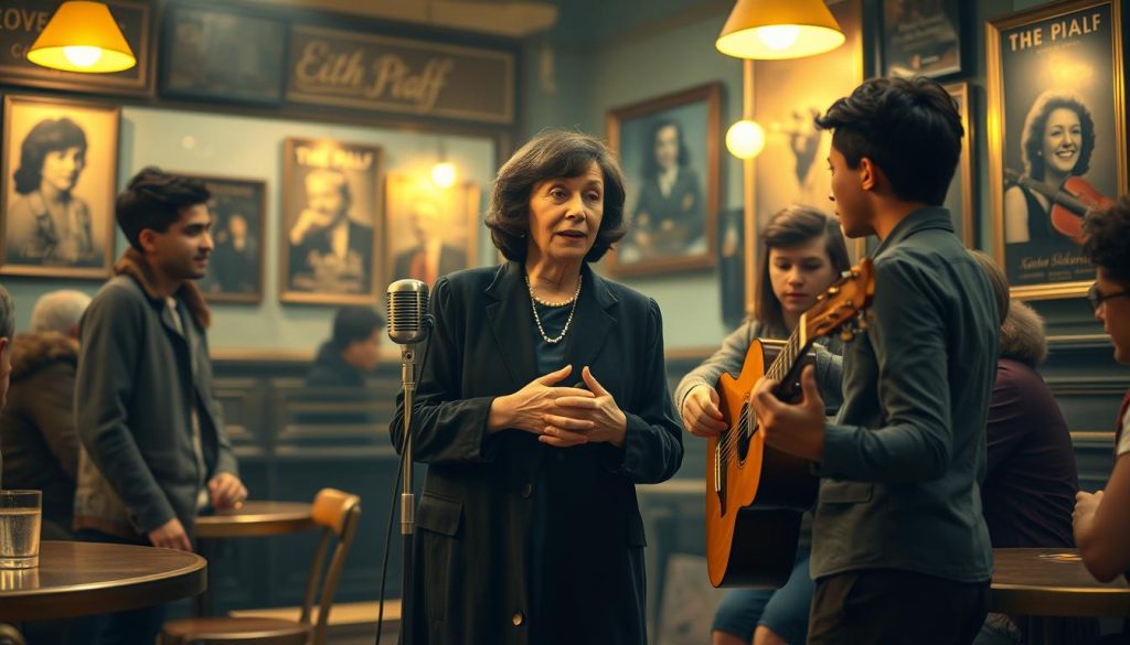 Édith Piaf, a legendary figure in French music, stands in a warmly lit Parisian café, surrounded by a group of aspiring young artists. In the foreground, she is depicted in elegant, modest attire, warmly encouraging a young singer, who is holding a guitar. The middle-ground features a small stage with a vintage microphone, while the background showcases the café's charming décor, with soft yellow lights and posters of famous musicians. The atmosphere is intimate and supportive, reflecting Piaf's nurturing nature as a mentor. The lighting is soft and diffuse, creating a nostalgic yet hopeful mood, invoking the essence of her legacy in the arts. Use a slightly elevated angle to capture her engagement with the young artists, highlighting the connection between them. Édith Piaf, a legendary figure in French music, stands in a warmly lit Parisian café, surrounded by a group of aspiring young artists. In the foreground, she is depicted in elegant, modest attire, warmly encouraging a young singer, who is holding a guitar. The middle-ground features a small stage with a vintage microphone, while the background showcases the café's charming décor, with soft yellow lights and posters of famous musicians. The atmosphere is intimate and supportive, reflecting Piaf's nurturing nature as a mentor. The lighting is soft and diffuse, creating a nostalgic yet hopeful mood, invoking the essence of her legacy in the arts. Use a slightly elevated angle to capture her engagement with the young artists, highlighting the connection between them.