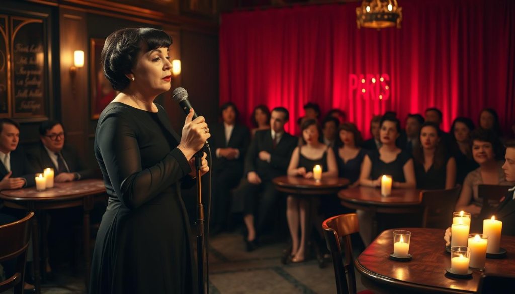 Édith Piaf performing passionately on a small, dimly-lit stage in a classic Parisian cabaret, surrounded by a rustic ambiance of wooden tables and flickering candlelight. In the foreground, she stands confidently in an elegant black dress, her expressive face capturing deep emotion as she sings, showcasing her iconic short hair and vintage microphone. In the middle ground, an audience of captivated patrons in 1940s attire, including men in suits and women in stylish dresses, are fully engaged, some with eyes closed, lost in the music. The background features softly glowing red curtains and vintage Parisian décor that evoke the nostalgic charm of the era. The overall atmosphere is intimate and nostalgic, enhanced by warm, soft lighting and a slight bokeh effect, emphasizing the enchanting experience of cabaret life. Édith Piaf performing passionately on a small, dimly-lit stage in a classic Parisian cabaret, surrounded by a rustic ambiance of wooden tables and flickering candlelight. In the foreground, she stands confidently in an elegant black dress, her expressive face capturing deep emotion as she sings, showcasing her iconic short hair and vintage microphone. In the middle ground, an audience of captivated patrons in 1940s attire, including men in suits and women in stylish dresses, are fully engaged, some with eyes closed, lost in the music. The background features softly glowing red curtains and vintage Parisian décor that evoke the nostalgic charm of the era. The overall atmosphere is intimate and nostalgic, enhanced by warm, soft lighting and a slight bokeh effect, emphasizing the enchanting experience of cabaret life.