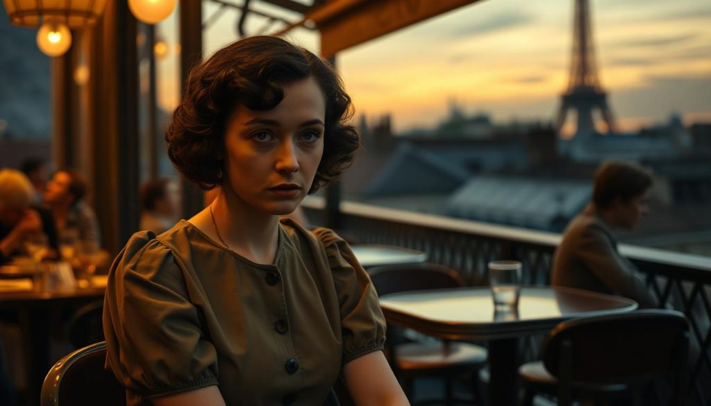 Édith Piaf, portrayed as a young woman in her early twenties, sitting in a Parisian café during the 1930s, reflecting a sense of nostalgia and emotional complexity. In the foreground, she wears a modest, vintage dress, with soft demeanor and contemplative expression, hinting at her early experiences with love and family drama. The middle ground features a slightly blurred café setting, with patrons engaged in quiet conversations, showcasing a moody, warm ambiance from soft, golden lighting. The background presents a glimpse of the iconic Paris skyline, including the rooftops and a distant glimpse of the Eiffel Tower, enveloped in a gentle twilight. The scene conveys a poignant mixture of intimacy, solitude, and the vibrant life of Paris, evoking the bittersweet nature of her youth. Édith Piaf, portrayed as a young woman in her early twenties, sitting in a Parisian café during the 1930s, reflecting a sense of nostalgia and emotional complexity. In the foreground, she wears a modest, vintage dress, with soft demeanor and contemplative expression, hinting at her early experiences with love and family drama. The middle ground features a slightly blurred café setting, with patrons engaged in quiet conversations, showcasing a moody, warm ambiance from soft, golden lighting. The background presents a glimpse of the iconic Paris skyline, including the rooftops and a distant glimpse of the Eiffel Tower, enveloped in a gentle twilight. The scene conveys a poignant mixture of intimacy, solitude, and the vibrant life of Paris, evoking the bittersweet nature of her youth.