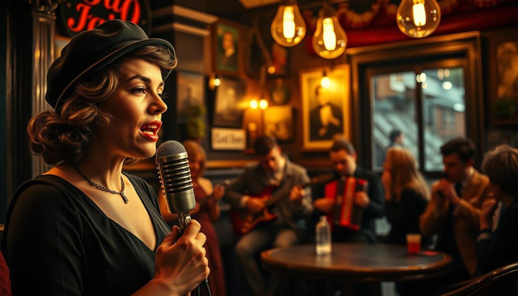 A dimly lit vintage Parisian café, showcasing a group of diverse musicians inspired by Édith Piaf's iconic style. In the foreground, a woman singing passionately with a vintage microphone, wearing a classic black beret and a chic black dress, captures the essence of Piaf. The middle ground features a small band with a guitarist and accordion player, all absorbed in the music, reflecting emotions of nostalgia and inspiration. In the background, patrons enjoy the scene, absorbed in the performance, illuminated by warm, soft lighting from hanging bulbs. The atmosphere is intimate and vibrant, evoking the spirit of 1940s Paris, with rich textures and a slightly blurred effect to enhance the dreamy quality of the moment. A dimly lit vintage Parisian café, showcasing a group of diverse musicians inspired by Édith Piaf's iconic style. In the foreground, a woman singing passionately with a vintage microphone, wearing a classic black beret and a chic black dress, captures the essence of Piaf. The middle ground features a small band with a guitarist and accordion player, all absorbed in the music, reflecting emotions of nostalgia and inspiration. In the background, patrons enjoy the scene, absorbed in the performance, illuminated by warm, soft lighting from hanging bulbs. The atmosphere is intimate and vibrant, evoking the spirit of 1940s Paris, with rich textures and a slightly blurred effect to enhance the dreamy quality of the moment.