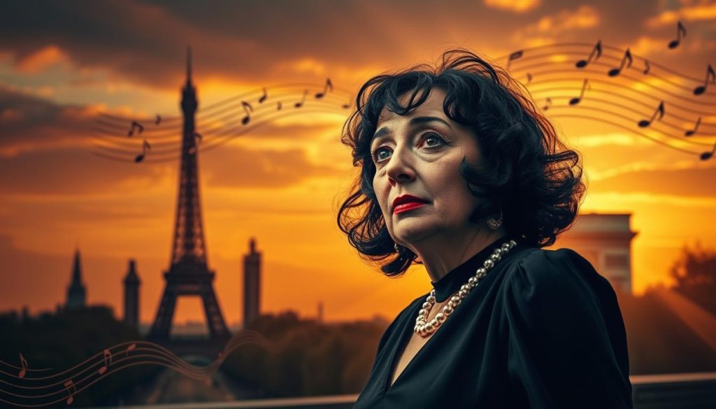 A striking portrait of Édith Piaf, embodying her artistic impact. In the foreground, her figure stands elegantly, dressed in a classic black gown, highlighting her iconic stature. Surrounding her are swirling notes representing her music, with vibrant colors symbolizing her emotional depth and influence. In the middle ground, silhouettes of famous landmarks like the Eiffel Tower and the Arc de Triomphe hint at her Parisian roots, bathed in soft, warm light to evoke nostalgia. The background fades into a rich, dramatic sunset, casting golden rays that enhance the overall atmosphere of reverence and legacy. Capture a close-up perspective, focusing on her expressive facial features, reflecting passion and resilience. The scene should be infused with a sense of timelessness and artistic aura. A striking portrait of Édith Piaf, embodying her artistic impact. In the foreground, her figure stands elegantly, dressed in a classic black gown, highlighting her iconic stature. Surrounding her are swirling notes representing her music, with vibrant colors symbolizing her emotional depth and influence. In the middle ground, silhouettes of famous landmarks like the Eiffel Tower and the Arc de Triomphe hint at her Parisian roots, bathed in soft, warm light to evoke nostalgia. The background fades into a rich, dramatic sunset, casting golden rays that enhance the overall atmosphere of reverence and legacy. Capture a close-up perspective, focusing on her expressive facial features, reflecting passion and resilience. The scene should be infused with a sense of timelessness and artistic aura.