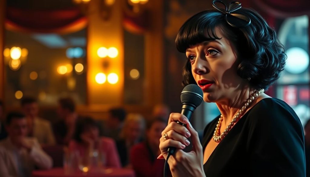 A vibrant, artistic representation of Édith Piaf, capturing the essence of her iconic songs. In the foreground, depict her in a stage setting, wearing a classic black dress and a chic hairstyle, passionately singing into a vintage microphone. Her eyes should reflect deep emotion and intensity. In the middle ground, include a softly blurred audience, immersed in the music, with silhouettes of captivated listeners. The background features a dimly lit Parisian café with warm golden lights, enhancing the nostalgic atmosphere. Use soft, dramatic lighting to highlight Piaf’s figure, evoking a sense of timelessness and depth. Capture the mood of romance and melancholy that defined her music, aiming for a slightly gritty, vintage feel reminiscent of a mid-20th-century performance.