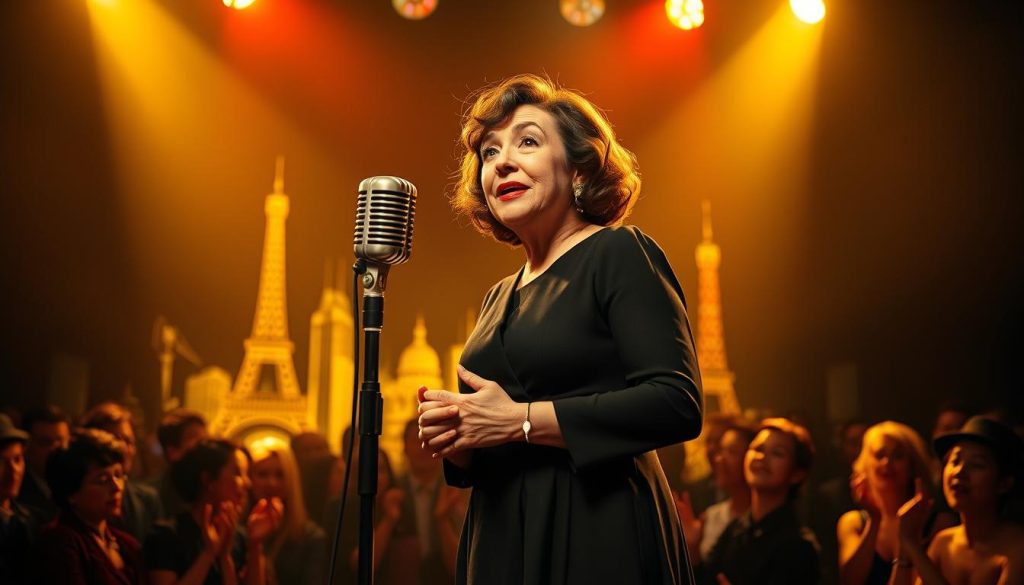 A vibrant scene depicting Édith Piaf on stage, radiating charm and emotion, capturing the essence of her international appeal. In the foreground, she stands confidently at a vintage microphone, dressed in an elegant black dress, her expressive face illuminated by soft, warm lighting. The middle ground features an adoring audience captivated by her performance, applauding enthusiastically. In the background, iconic landmarks from various global cities subtly blend, symbolizing her worldwide tours—Paris, New York, and Tokyo are faintly visible. The atmosphere is electric and nostalgic, influenced by the dramatic spotlighting that casts gentle shadows, evoking the spirit of mid-20th century cabaret. The angle is slightly elevated to emphasize her stage presence, creating an intimate connection with viewers, celebrating her legacy as “La Môme Piaf.” A vibrant scene depicting Édith Piaf on stage, radiating charm and emotion, capturing the essence of her international appeal. In the foreground, she stands confidently at a vintage microphone, dressed in an elegant black dress, her expressive face illuminated by soft, warm lighting. The middle ground features an adoring audience captivated by her performance, applauding enthusiastically. In the background, iconic landmarks from various global cities subtly blend, symbolizing her worldwide tours—Paris, New York, and Tokyo are faintly visible. The atmosphere is electric and nostalgic, influenced by the dramatic spotlighting that casts gentle shadows, evoking the spirit of mid-20th century cabaret. The angle is slightly elevated to emphasize her stage presence, creating an intimate connection with viewers, celebrating her legacy as “La Môme Piaf.”