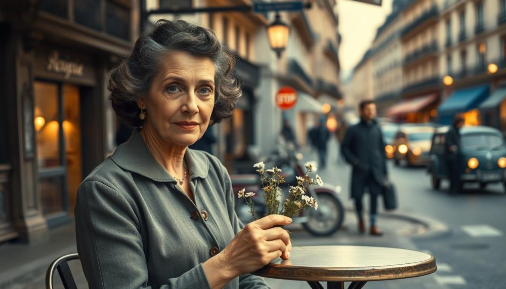 A vintage Parisian scene showcasing the maternal origins of Édith Piaf. In the foreground, a modest yet elegant woman dressed in 1940s French attire, with soft, weathered features that tell a story of resilience and love. She is seated at a small café table, gently holding a bouquet of wildflowers, symbolizing her nurturing spirit. In the middle ground, the bustling streets of Paris with vintage cars and passersby, evoking a sense of the era’s charm. The background features iconic Parisian architecture, like rustic buildings and a soft glow from lanterns, illuminated by the warm light of dusk. Capture this moment with a shallow depth of field, emphasizing the woman while softly blurring the background, creating a nostalgic and heartfelt atmosphere.