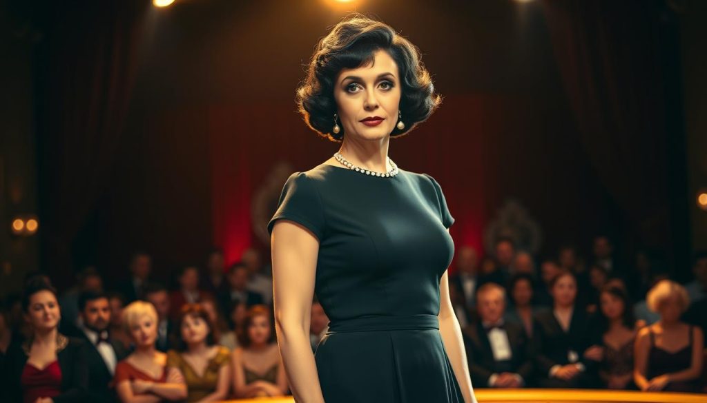 A vintage-inspired portrait of Édith Piaf standing confidently on a stage, dressed in a stylish, sophisticated black dress, exuding grace and charisma. In the foreground, emphasize her poised stature, capturing her strong yet delicate features and iconic hairstyle. In the middle ground, include an audience of elegantly dressed figures, showcasing a sense of admiration and fascination. The background features soft, dim stage lighting with hints of red curtains, creating an intimate atmosphere. The focus should be on Piaf's expressive face and commanding presence, symbolizing her significant impact on public perception. Use a shallow depth of field to draw attention to her, under warm, golden lighting to evoke nostalgia and highlight her legendary status. A vintage-inspired portrait of Édith Piaf standing confidently on a stage, dressed in a stylish, sophisticated black dress, exuding grace and charisma. In the foreground, emphasize her poised stature, capturing her strong yet delicate features and iconic hairstyle. In the middle ground, include an audience of elegantly dressed figures, showcasing a sense of admiration and fascination. The background features soft, dim stage lighting with hints of red curtains, creating an intimate atmosphere. The focus should be on Piaf's expressive face and commanding presence, symbolizing her significant impact on public perception. Use a shallow depth of field to draw attention to her, under warm, golden lighting to evoke nostalgia and highlight her legendary status.