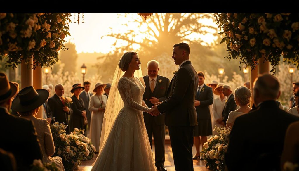 A vintage scene depicting the wedding of Édith Piaf's parents, set in the early 20th century Paris. In the foreground, a beautifully dressed couple stands at an elegant altar, radiating joy and love. The woman, wearing a classic lace wedding gown, has a bright smile, while the man, in a well-tailored suit, holds her hand gently. In the middle ground, guests dressed in period-appropriate attire, including hats and coats, are gathered, witnessing the ceremony with expressions of happiness. The background reveals a lush Parisian garden adorned with flowers and soft, ambient lighting, creating a warm, romantic atmosphere. The ambiance is serene, with the golden glow of sunset filtering through the trees, casting a dreamy light over the entire scene. The composition should evoke a sense of nostalgia and familial bonds, highlighting the significance of this event in shaping Édith Piaf's life.