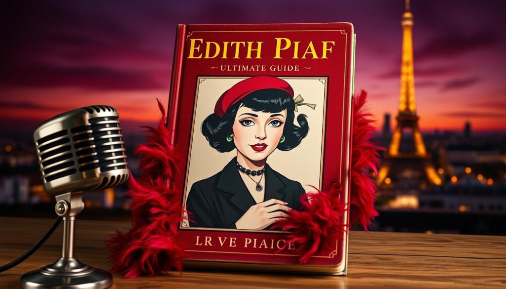 A vintage-styled book cover featuring "Édith Piaf Ultimate Guide" as the centerpiece. In the foreground, a classic microphone symbolizes her iconic voice, surrounded by an elegant feather boa in deep red, representing her dramatic flair. The middle layer showcases a beautifully illustrated portrait of Édith Piaf, capturing her soulful expression and intrepid spirit, dressed in modest black attire with a timeless beret. The background features a Parisian skyline at dusk, with soft, glowing lights illuminating landmarks like the Eiffel Tower, creating a romantic atmosphere. The scene is softly lit to evoke nostalgia, with a warm color palette of deep reds and golds. The angle is slightly tilted, enhancing the artistic feel, inviting viewers into the world of this legendary artist. A vintage-styled book cover featuring "Édith Piaf Ultimate Guide" as the centerpiece. In the foreground, a classic microphone symbolizes her iconic voice, surrounded by an elegant feather boa in deep red, representing her dramatic flair. The middle layer showcases a beautifully illustrated portrait of Édith Piaf, capturing her soulful expression and intrepid spirit, dressed in modest black attire with a timeless beret. The background features a Parisian skyline at dusk, with soft, glowing lights illuminating landmarks like the Eiffel Tower, creating a romantic atmosphere. The scene is softly lit to evoke nostalgia, with a warm color palette of deep reds and golds. The angle is slightly tilted, enhancing the artistic feel, inviting viewers into the world of this legendary artist.