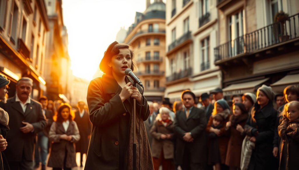 A young Édith Piaf, dressed in modest, vintage clothing, performing in a lively Parisian street scene, surrounded by a small, captivated audience. In the foreground, she stands on a makeshift stage, holding a microphone, her expression filled with passion and determination. Her father, dressed in vintage casual attire, is visible nearby, watching proudly as she sings, adding a personal touch to the moment. The middle ground features a bustling city street of 1930s Paris, with charming architecture and people in period outfits engaging with the scene. The background showcases a soft, golden sunset, casting warm light over the entire scene, creating a nostalgic and inspiring atmosphere, reminiscent of rising talent and artistic beginnings. The angle captures the emotional intensity of her performance, focusing on her expressive face and the warmth of the crowd.