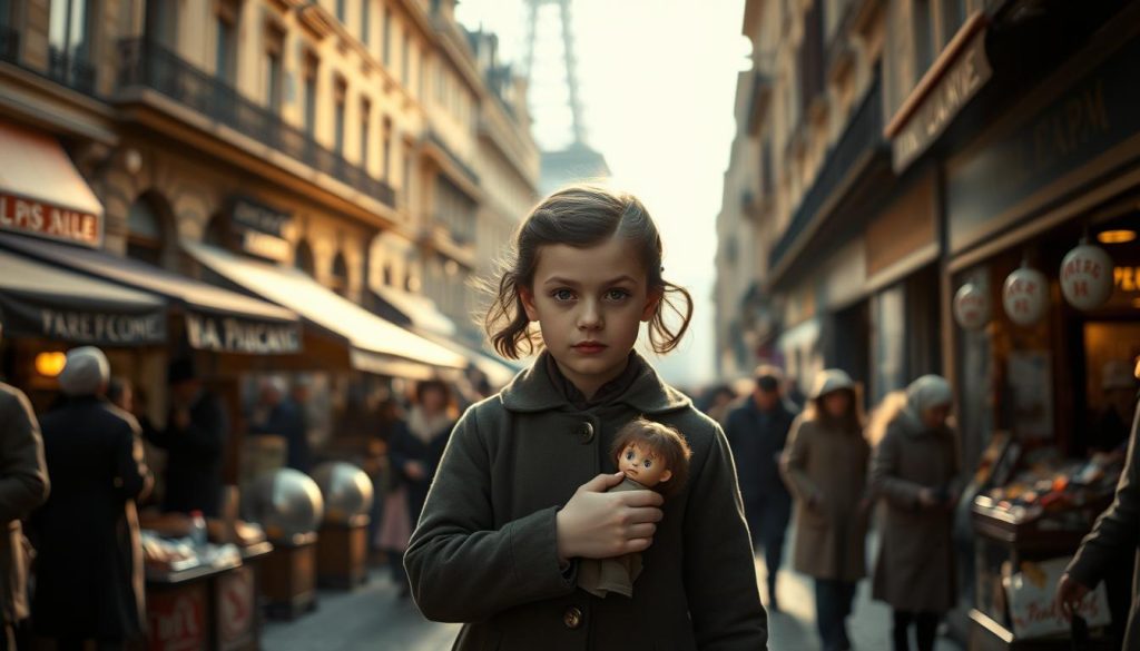 A young girl representing Édith Piaf stands in a bustling Parisian street in the early 20th century, wearing modest, period-appropriate clothing. In the foreground, she clutches a small doll, her expression a mix of determination and innocence. The middle ground features a lively street scene with vendors, showcasing a mix of social classes, highlighting the contrasts in society. In the background, the shadow of iconic Parisian architecture looms, with soft, warm lighting reflecting a nostalgic atmosphere. The scene captures a sense of resilience and aspiration amidst a challenging environment, with gentle sunlight filtering through the street, creating a hopeful, yet melancholic mood. The image is framed with a slightly angled perspective, emphasizing the girl's journey amidst her surroundings.