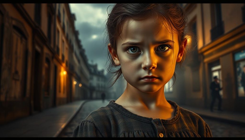 A young girl with expressive eyes and an intense gaze, embodying the struggles of her early childhood, stands in a dimly lit Parisian street. In the foreground, she wears modest clothing typical of the early 1900s, reflecting her humble beginnings. The middle ground reveals worn buildings with peeling paint and a cobblestone path, hinting at the hardships she faces. In the background, a smoky gray sky looms, casting a melancholic atmosphere, while faint silhouettes of street performers suggest early influences in her life. The soft, dramatic lighting highlights her face, accentuating the emotions of resilience and determination. The scene evokes a sense of nostalgia and hardship, emphasizing her difficult upbringing. A young girl with expressive eyes and an intense gaze, embodying the struggles of her early childhood, stands in a dimly lit Parisian street. In the foreground, she wears modest clothing typical of the early 1900s, reflecting her humble beginnings. The middle ground reveals worn buildings with peeling paint and a cobblestone path, hinting at the hardships she faces. In the background, a smoky gray sky looms, casting a melancholic atmosphere, while faint silhouettes of street performers suggest early influences in her life. The soft, dramatic lighting highlights her face, accentuating the emotions of resilience and determination. The scene evokes a sense of nostalgia and hardship, emphasizing her difficult upbringing.
