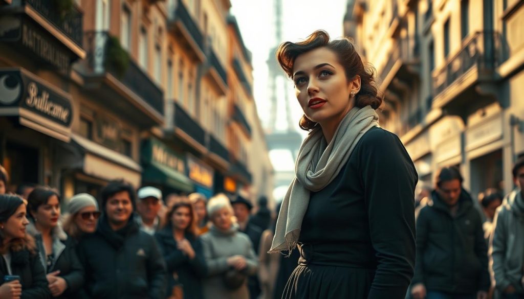A young woman reminiscent of Édith Piaf stands on a bustling Parisian street corner, her expression passionate as she sings to a small gathering of captivated listeners. She wears modest, vintage-inspired clothing reflective of the 1940s, with a simple black dress and a light scarf. In the foreground, the crowd is diverse, showcasing a mix of ages and backgrounds, some holding hats or cigarettes as they enjoy her performance. The middle ground features iconic Parisian architecture, with wrought-iron balconies and brick facades bathed in warm late afternoon sunlight. The background hints at distant landmarks, such as the Eiffel Tower, slightly blurred to maintain focus on the singer. The mood is nostalgic and vibrant, embodying the raw energy and hope of her artistic beginnings. The lighting is soft yet striking, creating a dramatic effect on her figure. A young woman reminiscent of Édith Piaf stands on a bustling Parisian street corner, her expression passionate as she sings to a small gathering of captivated listeners. She wears modest, vintage-inspired clothing reflective of the 1940s, with a simple black dress and a light scarf. In the foreground, the crowd is diverse, showcasing a mix of ages and backgrounds, some holding hats or cigarettes as they enjoy her performance. The middle ground features iconic Parisian architecture, with wrought-iron balconies and brick facades bathed in warm late afternoon sunlight. The background hints at distant landmarks, such as the Eiffel Tower, slightly blurred to maintain focus on the singer. The mood is nostalgic and vibrant, embodying the raw energy and hope of her artistic beginnings. The lighting is soft yet striking, creating a dramatic effect on her figure.