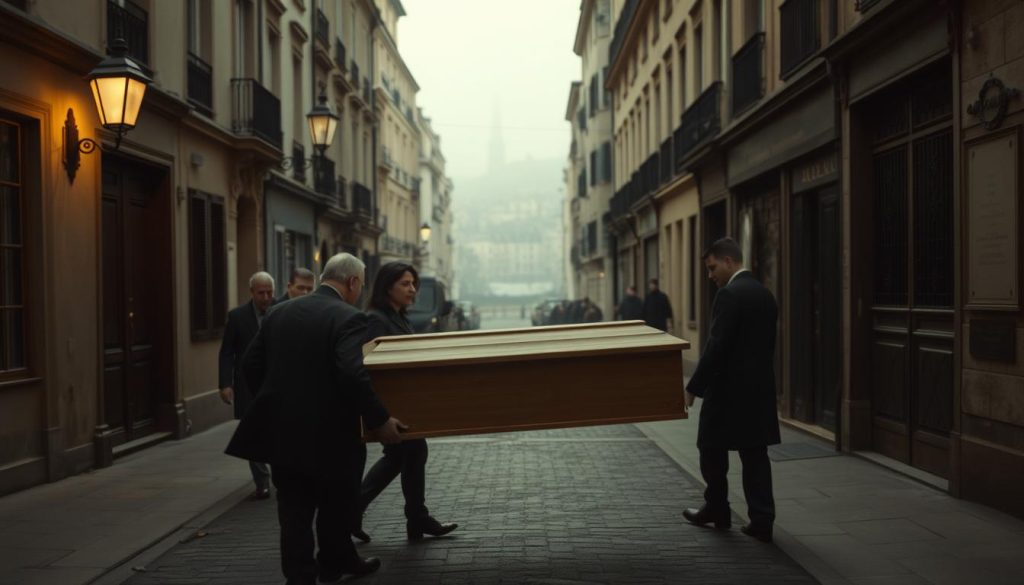 A clandestine scene depicting the secret transfer of Édith Piaf's body in Paris. In the foreground, a small group of solemn individuals, dressed in modest, professional attire, carry a simple wooden coffin, their expressions a mix of grief and urgency. In the middle ground, a dimly lit alleyway lined with aged Parisian buildings, their shadows cast by a soft, warm light from old street lamps, adds an eerie sense of intimacy and secrecy. In the background, the faint outline of the iconic Paris skyline, shrouded in mist, hints at the solemnity of the moment. Capture this poignant atmosphere with a narrow depth of field, focusing on the mourners, while creating a slightly blurred cityscape, evoking an emotional yet respectful ambiance.