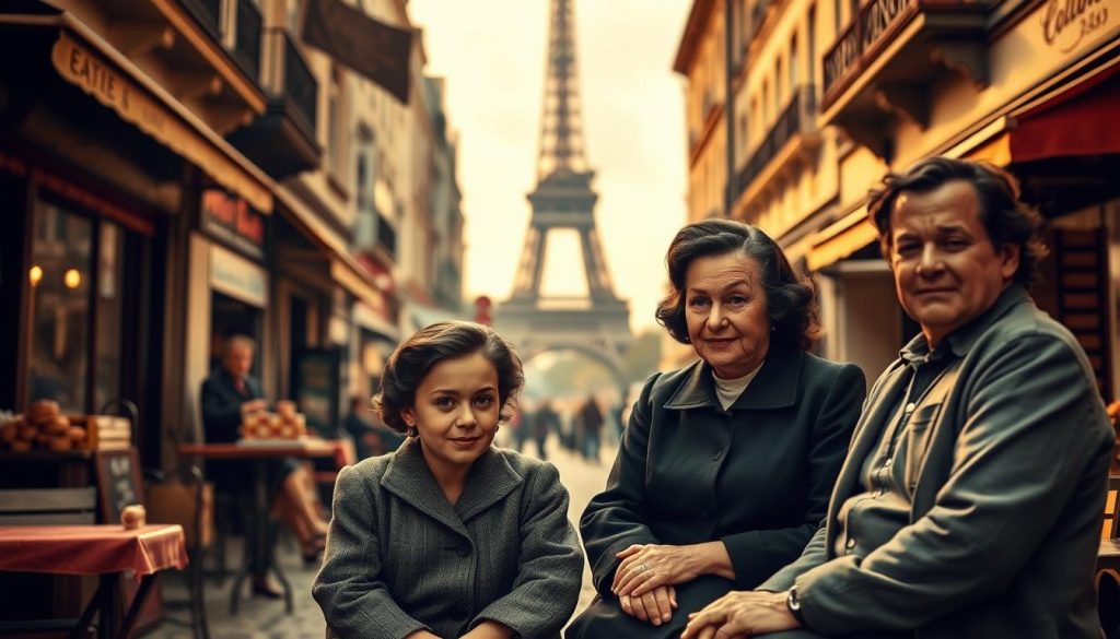 A family portrait featuring the origins of Édith Piaf, set in a vintage Parisian setting. In the foreground, depict a young Édith Piaf, dressed in modest 1940s attire, sitting among her relatives. Her mother, a spirited woman, is showcasing warmth, while a stern yet proud father figure stands beside her. The middle ground includes a bustling Paris street scene, hinting at the working-class origins, with old-fashioned cafés and bakeries lining the cobblestone streets. The background shows the iconic Eiffel Tower slightly obscured by gentle fog, creating a nostalgic atmosphere. Soft golden lighting bathes the scene, evoking warmth and connection, captured with a shallow depth of field to focus on the family while blurring the background elements. The overall mood is familial and heartfelt, illustrating Piaf's humble roots. A family portrait featuring the origins of Édith Piaf, set in a vintage Parisian setting. In the foreground, depict a young Édith Piaf, dressed in modest 1940s attire, sitting among her relatives. Her mother, a spirited woman, is showcasing warmth, while a stern yet proud father figure stands beside her. The middle ground includes a bustling Paris street scene, hinting at the working-class origins, with old-fashioned cafés and bakeries lining the cobblestone streets. The background shows the iconic Eiffel Tower slightly obscured by gentle fog, creating a nostalgic atmosphere. Soft golden lighting bathes the scene, evoking warmth and connection, captured with a shallow depth of field to focus on the family while blurring the background elements. The overall mood is familial and heartfelt, illustrating Piaf's humble roots.