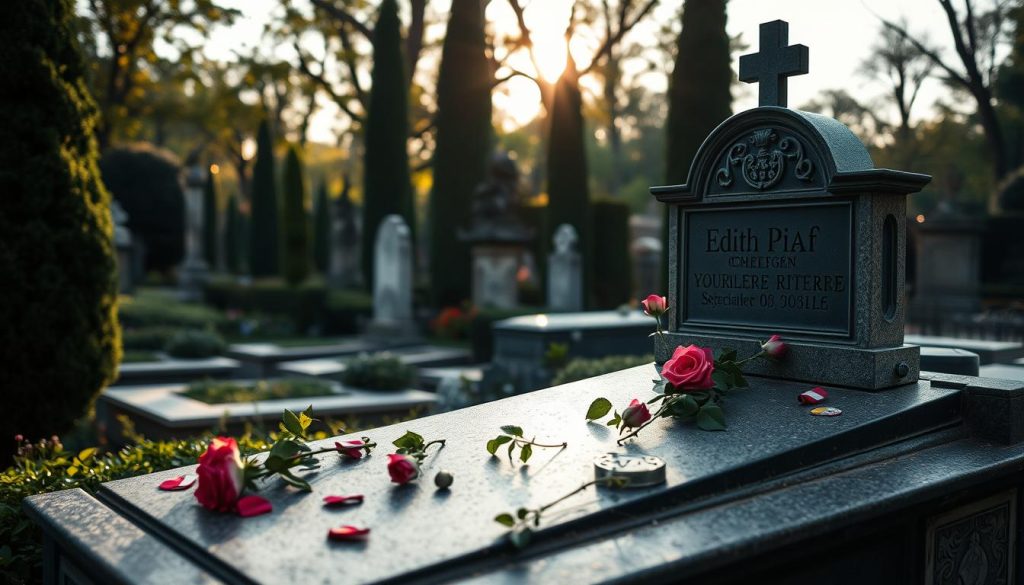 A poignant and serene representation of Edith Piaf's grave at Père-Lachaise Cemetery, capturing its iconic elements. In the foreground, a beautifully decorated tombstone with roses and small tokens left by visitors, symbolizing love and remembrance. The middle ground features the lush greenery of the cemetery, with cypress trees and other gravestones providing context. In the background, the soft, diffused light of a late afternoon sun bathes the scene in a warm glow, enhancing its emotional atmosphere. The image should convey a sense of peace and reflection, inviting viewers to appreciate the significance of Piaf's final resting place. Use a shallow depth of field to focus on the grave while softly blurring the surrounding elements, creating an intimate and contemplative mood. A poignant and serene representation of Edith Piaf's grave at Père-Lachaise Cemetery, capturing its iconic elements. In the foreground, a beautifully decorated tombstone with roses and small tokens left by visitors, symbolizing love and remembrance. The middle ground features the lush greenery of the cemetery, with cypress trees and other gravestones providing context. In the background, the soft, diffused light of a late afternoon sun bathes the scene in a warm glow, enhancing its emotional atmosphere. The image should convey a sense of peace and reflection, inviting viewers to appreciate the significance of Piaf's final resting place. Use a shallow depth of field to focus on the grave while softly blurring the surrounding elements, creating an intimate and contemplative mood.
