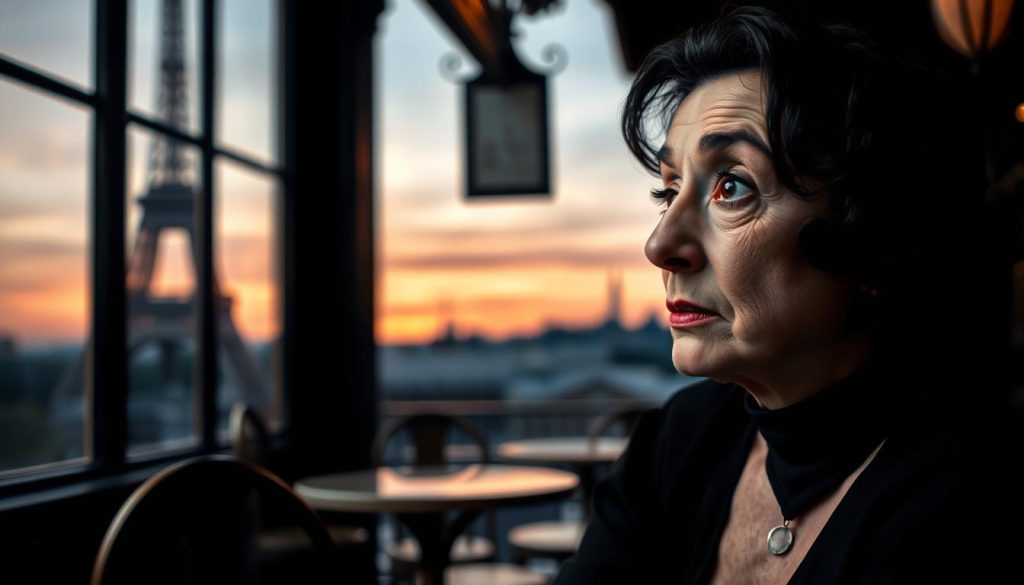 A serene and reflective portrait of Édith Piaf, the iconic French singer, captured as she gazes out contemplatively, suggesting the depth of her life and career. In the foreground, she is elegantly dressed in a classic black dress, embodying the timelessness of her music. Her expression is introspective, with soft light casting gentle shadows across her face, highlighting her features. The middle layer includes a vintage Parisian café setting, with subtle nods to the 1940s, such as old-fashioned tables and chairs. In the background, the silhouette of the Paris skyline under a soft twilight sky hints at the era she thrived in. The overall mood is melancholic but full of nostalgia, evoking a sense of loss and appreciation for her artistic legacy.