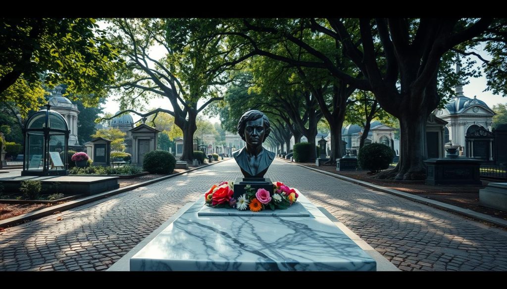 A serene view of Edith Piaf’s grave in Père-Lachaise Cemetery, capturing the somber elegance of the site. In the foreground, a marble tombstone adorned with flowers, prominently featuring a bronze bust of Piaf, surrounded by colorful flower arrangements. The middle ground displays the softly weathered cobblestone paths typical of the cemetery, lined with lush greenery and ancient trees providing shade. In the background, a glimpse of other ornate graves and mausoleums, contributing to the tranquil atmosphere of remembrance. The lighting is soft and diffused, like late afternoon sunlight filtering through the leaves, creating gentle shadows. The image evokes a sense of peace and reflection, inviting viewers to contemplate the legacy of the renowned singer. A serene view of Edith Piaf’s grave in Père-Lachaise Cemetery, capturing the somber elegance of the site. In the foreground, a marble tombstone adorned with flowers, prominently featuring a bronze bust of Piaf, surrounded by colorful flower arrangements. The middle ground displays the softly weathered cobblestone paths typical of the cemetery, lined with lush greenery and ancient trees providing shade. In the background, a glimpse of other ornate graves and mausoleums, contributing to the tranquil atmosphere of remembrance. The lighting is soft and diffused, like late afternoon sunlight filtering through the leaves, creating gentle shadows. The image evokes a sense of peace and reflection, inviting viewers to contemplate the legacy of the renowned singer.