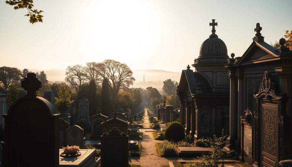 A serene view of the Père-Lachaise Cemetery in Paris, showcasing its historic tombstones and lush greenery. In the foreground, intricately carved gravestones and memorials with delicate floral arrangements. The middle ground features winding paths lined with tall trees and elegant, ornate mausoleums draped in soft, dappled sunlight. In the background, the silhouette of a distant hill enhances the tranquil atmosphere, with hints of the iconic Parisian skyline peeking through wisps of fog. Capture this scene during golden hour for warm, enchanting lighting that evokes a sense of history and remembrance. Focus on a wide-angle perspective to encompass the beauty and complexity of this significant burial ground, emphasizing its role as a place of reflection and homage. A serene view of the Père-Lachaise Cemetery in Paris, showcasing its historic tombstones and lush greenery. In the foreground, intricately carved gravestones and memorials with delicate floral arrangements. The middle ground features winding paths lined with tall trees and elegant, ornate mausoleums draped in soft, dappled sunlight. In the background, the silhouette of a distant hill enhances the tranquil atmosphere, with hints of the iconic Parisian skyline peeking through wisps of fog. Capture this scene during golden hour for warm, enchanting lighting that evokes a sense of history and remembrance. Focus on a wide-angle perspective to encompass the beauty and complexity of this significant burial ground, emphasizing its role as a place of reflection and homage.