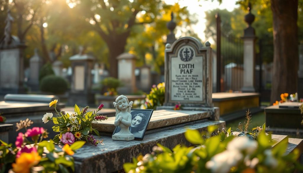 A serene visit to Édith Piaf's grave at Père-Lachaise Cemetery in Paris. Foreground features a beautifully maintained grave adorned with fresh flowers, a small white stone angel statue, and an elegant black-and-white photo of Piaf. Middle ground captures the weathered tombstone with detailed inscriptions, surrounded by lush greenery and other nearby graves, showcasing the cemetery's historic charm. In the background, soft-focus trees and wrought-iron gates hint at the expansive landscape of Père-Lachaise. The scene is bathed in warm, golden hour sunlight, creating a peaceful and reflective atmosphere. A slight depth of field enhances the focus on the grave, inviting the viewer into this iconic cultural landmark. A serene visit to Édith Piaf's grave at Père-Lachaise Cemetery in Paris. Foreground features a beautifully maintained grave adorned with fresh flowers, a small white stone angel statue, and an elegant black-and-white photo of Piaf. Middle ground captures the weathered tombstone with detailed inscriptions, surrounded by lush greenery and other nearby graves, showcasing the cemetery's historic charm. In the background, soft-focus trees and wrought-iron gates hint at the expansive landscape of Père-Lachaise. The scene is bathed in warm, golden hour sunlight, creating a peaceful and reflective atmosphere. A slight depth of field enhances the focus on the grave, inviting the viewer into this iconic cultural landmark.