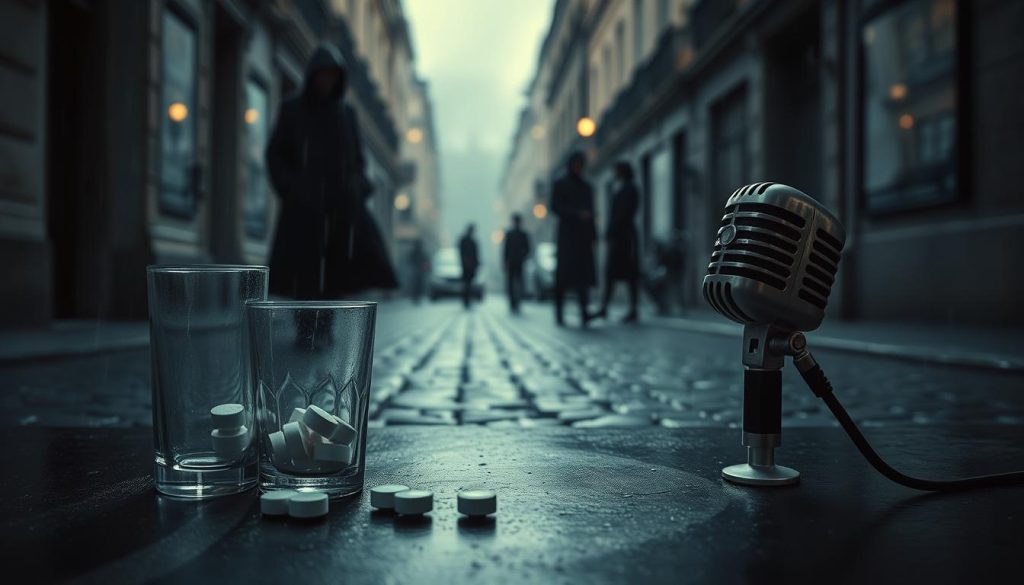 A somber and reflective scene illustrating the complexities of Édith Piaf's health struggles. In the foreground, a glass of medication sits alongside a vintage microphone, symbolizing her career intertwined with her dependencies. The middle ground features shadowy figures, representing the challenges she faced, draped in soft, muted colors to reflect a tragic atmosphere. In the background, a dimly lit Parisian street, with raindrops softly falling against the cobblestones, lends a melancholic tone. Soft, diffused lighting bathed in cool blues and grays emphasizes the emotional weight of the scene. This composition should evoke a sense of nostalgia and tragedy while highlighting the delicate balance between artistry and personal struggles. The angle should be slightly elevated to capture the depth of the composition, inviting viewers to explore the layers of her story. A somber and reflective scene illustrating the complexities of Édith Piaf's health struggles. In the foreground, a glass of medication sits alongside a vintage microphone, symbolizing her career intertwined with her dependencies. The middle ground features shadowy figures, representing the challenges she faced, draped in soft, muted colors to reflect a tragic atmosphere. In the background, a dimly lit Parisian street, with raindrops softly falling against the cobblestones, lends a melancholic tone. Soft, diffused lighting bathed in cool blues and grays emphasizes the emotional weight of the scene. This composition should evoke a sense of nostalgia and tragedy while highlighting the delicate balance between artistry and personal struggles. The angle should be slightly elevated to capture the depth of the composition, inviting viewers to explore the layers of her story.