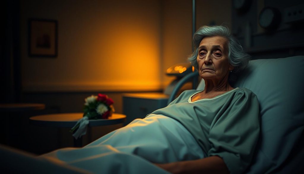 A somber, intimate scene depicting the last moments of Édith Piaf on October 10, 1963. Foreground: a frail, elderly woman, Édith Piaf, on a hospital bed, wearing a modest yet elegant nightgown, her expression a mix of vulnerability and serenity. Middle ground: soft, warm lighting enhances her features and illuminates a small bouquet of flowers on a bedside table, symbolizing love and farewell. Background: a dimly lit hospital room with vintage decor, hinting at the 1960s era, including subtle details like old-fashioned medical equipment. The atmosphere is melancholic yet dignified, capturing the essence of her life and the gravity of the moment. The lens focuses closely on her face, creating an emotional connection.