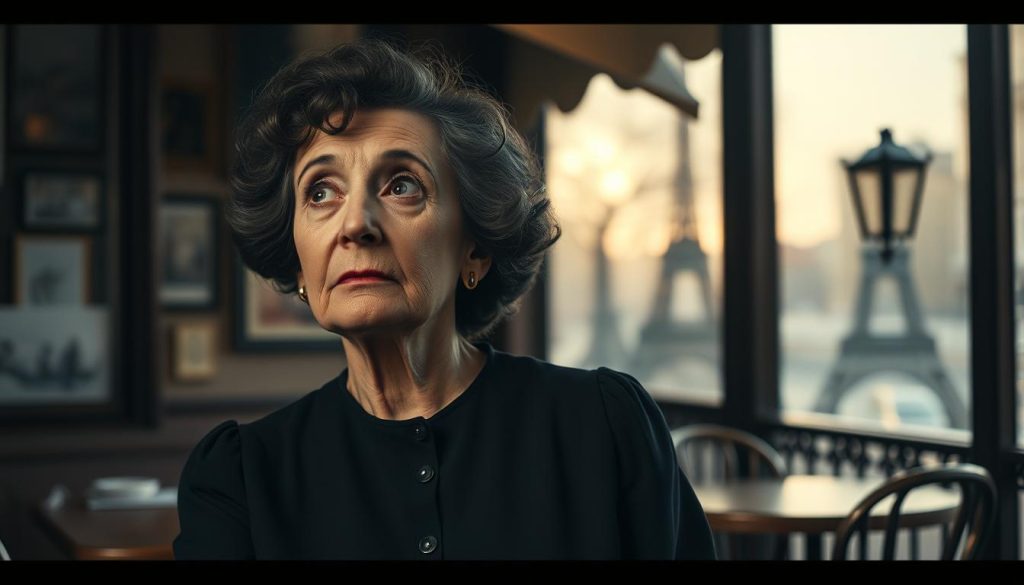 A somber, introspective portrait of Édith Piaf in her later years, reflecting the complexity of her life before her final days. In the foreground, she gazes out thoughtfully, dressed in a modest black dress with subtle vintage details, her expression a mix of nostalgia and resilience. The middle ground features a rustic Parisian café setting reminiscent of her youthful performances, with soft, dim lighting casting gentle shadows. The background shows blurred outlines of iconic Paris landmarks, hinting at her deep connection to the city, bathed in the warm glow of a late afternoon sun. The atmosphere is melancholic yet hopeful, capturing the essence of Piaf's enduring spirit amidst the challenges she faced.
