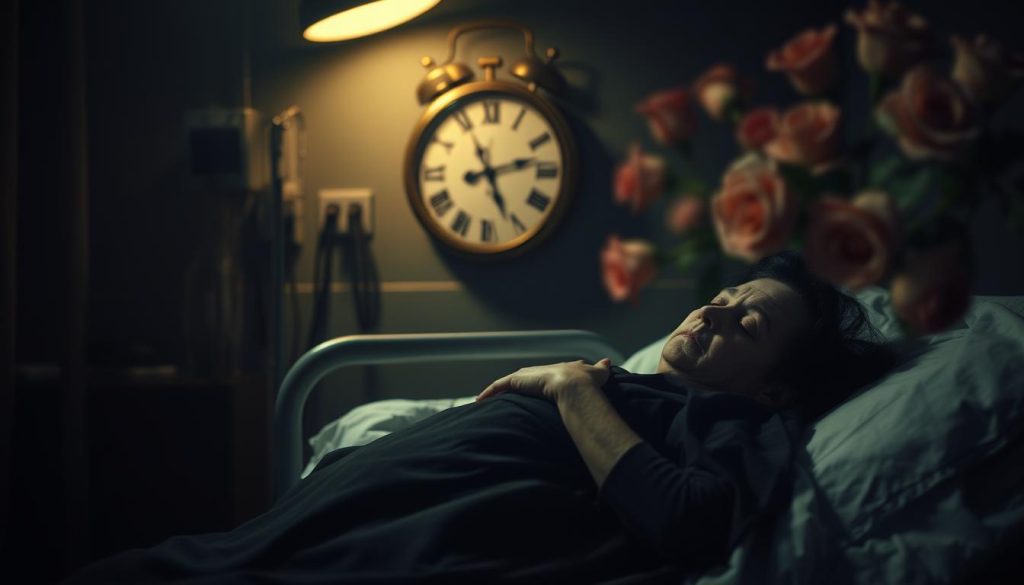 A somber scene depicting the last moments of Édith Piaf, capturing the emotion surrounding her death. In the foreground, a dimly lit hospital room with a soft, warm light illuminating her frail figure lying on a hospital bed, her face reflecting a mix of tranquility and sorrow. Her signature black dress is draped carefully around her. In the middle, a glimpse of a vintage wall clock shows the hour approaching midnight, symbolizing the end of an era. In the background, soft-focus images of roses, symbolizing love and loss, hint at her fame and the mournful atmosphere. The overall mood is melancholic yet respectful, utilizing soft lighting to create an intimate ambiance, shot from a gentle angle that evokes compassion and reflection. A somber scene depicting the last moments of Édith Piaf, capturing the emotion surrounding her death. In the foreground, a dimly lit hospital room with a soft, warm light illuminating her frail figure lying on a hospital bed, her face reflecting a mix of tranquility and sorrow. Her signature black dress is draped carefully around her. In the middle, a glimpse of a vintage wall clock shows the hour approaching midnight, symbolizing the end of an era. In the background, soft-focus images of roses, symbolizing love and loss, hint at her fame and the mournful atmosphere. The overall mood is melancholic yet respectful, utilizing soft lighting to create an intimate ambiance, shot from a gentle angle that evokes compassion and reflection.