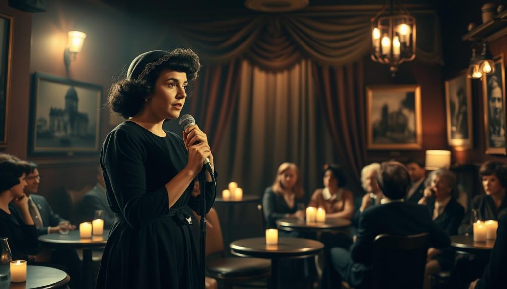 A vintage-inspired scene capturing the early days of Édith Piaf's career, set in a dimly lit Parisian café during the 1940s. In the foreground, a young Piaf, wearing a simple yet elegant black dress, sings passionately into a microphone, her expressive face reflecting both determination and vulnerability. The café is filled with captivated patrons, dressed in period-appropriate clothing, seated at small round tables with soft glowing candles. The middle ground features a small stage with rich, dramatic velvet curtains, while the background highlights rustic café elements like old photographs of Paris streets and warm, muted colors, creating a nostalgic and intimate atmosphere. Soft spotlighting illuminates Piaf, with a slightly blurred focus on the audience, evoking a sense of dreamlike nostalgia and excitement for a rising star. A vintage-inspired scene capturing the early days of Édith Piaf's career, set in a dimly lit Parisian café during the 1940s. In the foreground, a young Piaf, wearing a simple yet elegant black dress, sings passionately into a microphone, her expressive face reflecting both determination and vulnerability. The café is filled with captivated patrons, dressed in period-appropriate clothing, seated at small round tables with soft glowing candles. The middle ground features a small stage with rich, dramatic velvet curtains, while the background highlights rustic café elements like old photographs of Paris streets and warm, muted colors, creating a nostalgic and intimate atmosphere. Soft spotlighting illuminates Piaf, with a slightly blurred focus on the audience, evoking a sense of dreamlike nostalgia and excitement for a rising star.