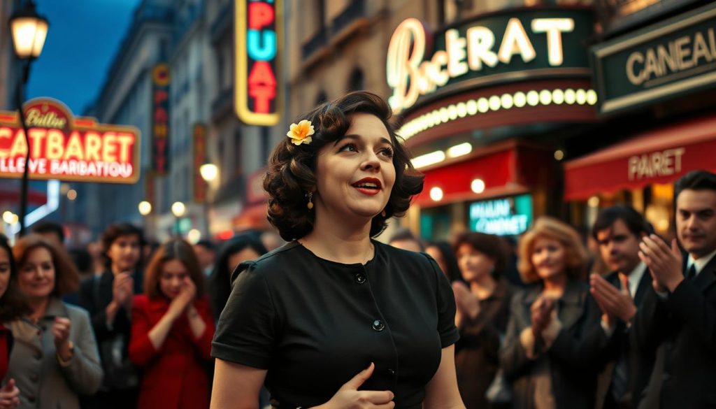 A young Édith Piaf performing passionately on a bustling Parisian street, showcasing her early career as she sings to a captivated audience in a lively cabaret setting. In the foreground, she is dressed in modest yet stylish 1940s attire, with a simple black dress and a flower pinned in her hair. The middle ground features a diverse group of well-dressed patrons enjoying the performance, some clapping and others lost in thought, immersed in her soulful voice. The background reveals colorful cabaret signage, with dimly lit street lamps casting a warm glow, creating an intimate, nostalgic atmosphere. The scene is captured with a slightly blurred depth of field, emphasizing Piaf while maintaining the lively ambiance of the street and cabaret environment. The overall mood is one of passion and liveliness, evoking the spirit of early 20th-century Paris. A young Édith Piaf performing passionately on a bustling Parisian street, showcasing her early career as she sings to a captivated audience in a lively cabaret setting. In the foreground, she is dressed in modest yet stylish 1940s attire, with a simple black dress and a flower pinned in her hair. The middle ground features a diverse group of well-dressed patrons enjoying the performance, some clapping and others lost in thought, immersed in her soulful voice. The background reveals colorful cabaret signage, with dimly lit street lamps casting a warm glow, creating an intimate, nostalgic atmosphere. The scene is captured with a slightly blurred depth of field, emphasizing Piaf while maintaining the lively ambiance of the street and cabaret environment. The overall mood is one of passion and liveliness, evoking the spirit of early 20th-century Paris.