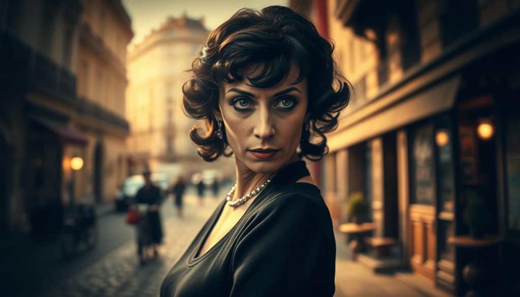 Édith Piaf depicted in a melancholic yet powerful moment, dressed in a classic black dress with vintage styling, standing under a soft spotlight that emphasizes her expressive face. The foreground captures her intense gaze, revealing a blend of triumph and sorrow. In the middle ground, a blurred Parisian street scene hints at her humble beginnings, featuring cobblestone paths and vintage buildings, bathed in warm golden light. The background includes subtle shadows of a vintage café, evoking the ambiance of mid-20th century Paris. The overall atmosphere is introspective and poignant, conveying the depth of her life filled with both success and hardship. The image is framed in a portrait style, enhancing the emotional connection with her story. Édith Piaf depicted in a melancholic yet powerful moment, dressed in a classic black dress with vintage styling, standing under a soft spotlight that emphasizes her expressive face. The foreground captures her intense gaze, revealing a blend of triumph and sorrow. In the middle ground, a blurred Parisian street scene hints at her humble beginnings, featuring cobblestone paths and vintage buildings, bathed in warm golden light. The background includes subtle shadows of a vintage café, evoking the ambiance of mid-20th century Paris. The overall atmosphere is introspective and poignant, conveying the depth of her life filled with both success and hardship. The image is framed in a portrait style, enhancing the emotional connection with her story.