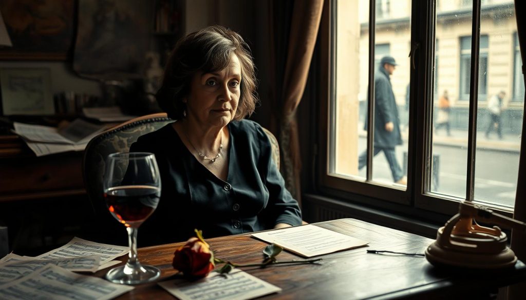 Édith Piaf in her final days, seated in a dimly lit, vintage Parisian apartment, surrounded by scattered sheet music and fading photographs. She has a bittersweet expression, reflecting both nostalgia and a sense of melancholy. In the foreground, a glass of red wine and a single wilting rose on a wooden table add to the intimate atmosphere. The middle ground showcases her wearing a modest, classic black dress, with soft, natural lighting illuminating her face subtly. In the background, a window reveals a rainy Paris street, with blurred outlines of passersby, creating a sense of isolation. The overall mood is poignant and reflective, embodying the legendary status of Piaf as she grapples with her mortality and legacy.