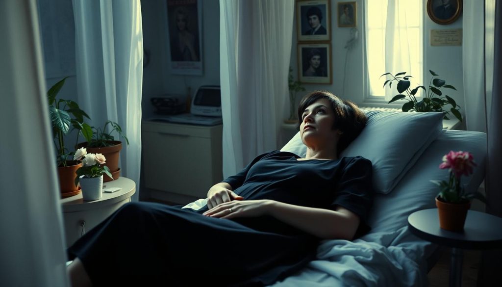 Édith Piaf lying in a softly lit hospital room, surrounded by potted plants and vintage decor. She is wearing a modest black dress, her iconic short hair neatly styled, reflecting a serene yet somber atmosphere. A bedside table holds a small bouquet of fresh flowers, symbolizing her resilience and beauty. The background includes faded posters of her performances, dimly lit to evoke nostalgia. The scene captures the fragility of life, with gentle rays of light filtering through sheer curtains, creating a tranquil yet poignant mood. The overall color palette is muted blues and grays, emphasizing the solemnity of her last moments, with soft focus to enhance emotional depth. Édith Piaf lying in a softly lit hospital room, surrounded by potted plants and vintage decor. She is wearing a modest black dress, her iconic short hair neatly styled, reflecting a serene yet somber atmosphere. A bedside table holds a small bouquet of fresh flowers, symbolizing her resilience and beauty. The background includes faded posters of her performances, dimly lit to evoke nostalgia. The scene captures the fragility of life, with gentle rays of light filtering through sheer curtains, creating a tranquil yet poignant mood. The overall color palette is muted blues and grays, emphasizing the solemnity of her last moments, with soft focus to enhance emotional depth.