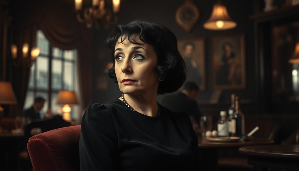 Édith Piaf, portrayed in a somber yet elegant ambiance, wearing a classic black dress reminiscent of her iconic style, seated on a velvet chair. In the foreground, she gazes pensively into the distance, her expression reflecting a mixture of sadness and resilience, hinting at her struggles with health and addiction. The middle ground reveals a dimly lit Parisian café, adorned with vintage decor and shadowy figures in the background, evoking a melancholy atmosphere. Soft, warm lighting gently illuminates her face, enhancing the emotional depth of the scene. A blurred view of a bottle and a cigarette on a nearby table symbolizes her battles, while the overall composition suggests a poignant moment of reflection and solitude. Édith Piaf, portrayed in a somber yet elegant ambiance, wearing a classic black dress reminiscent of her iconic style, seated on a velvet chair. In the foreground, she gazes pensively into the distance, her expression reflecting a mixture of sadness and resilience, hinting at her struggles with health and addiction. The middle ground reveals a dimly lit Parisian café, adorned with vintage decor and shadowy figures in the background, evoking a melancholy atmosphere. Soft, warm lighting gently illuminates her face, enhancing the emotional depth of the scene. A blurred view of a bottle and a cigarette on a nearby table symbolizes her battles, while the overall composition suggests a poignant moment of reflection and solitude.